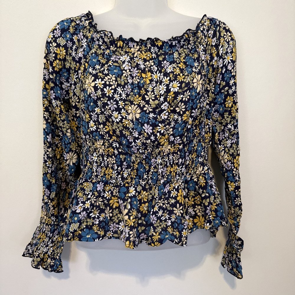 Patrons of Peace Women Medium Blouse Navy Floral Peplum Long Sleeve Peasant NWOT